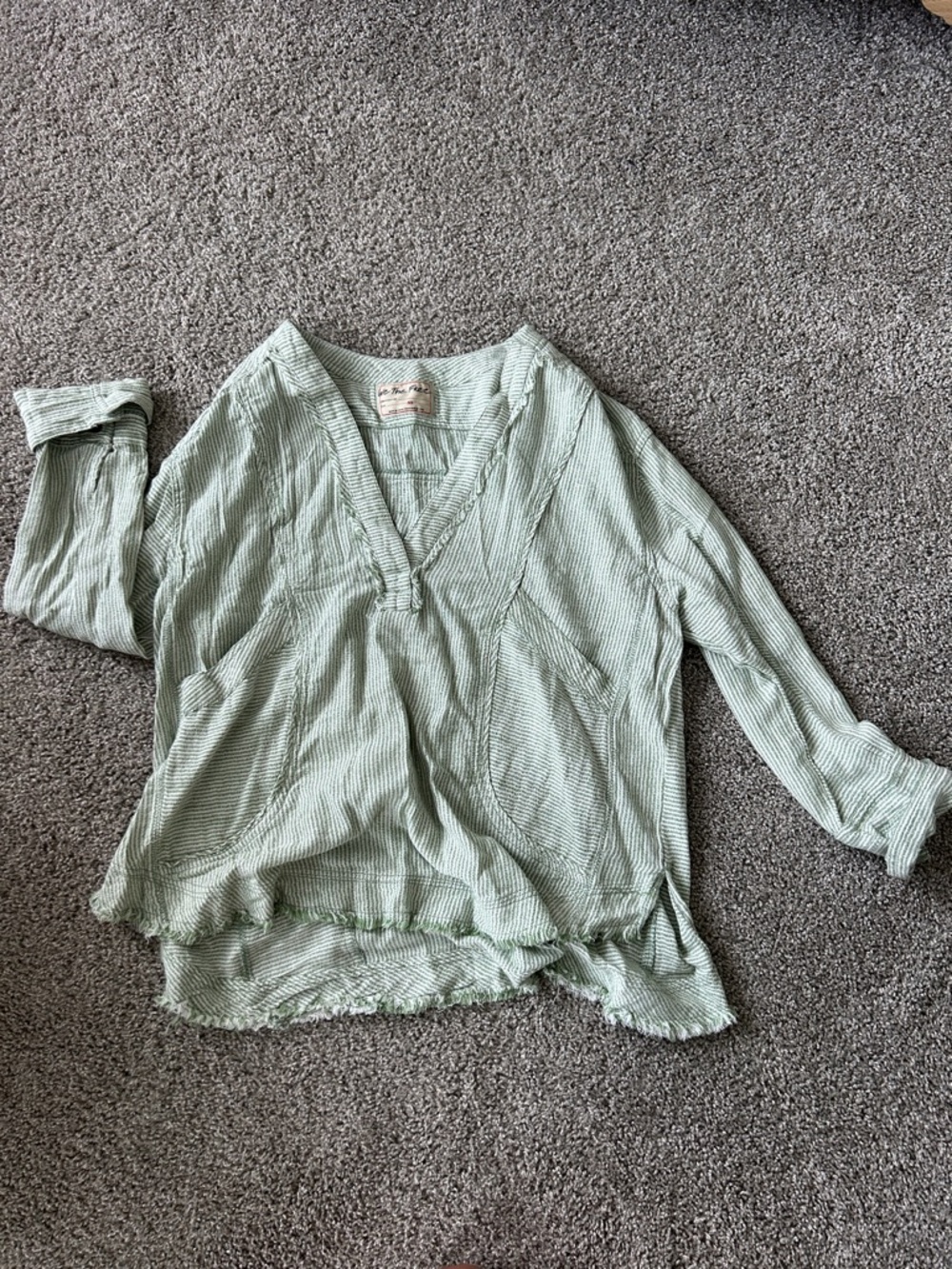 We The Free Mint Green Striped V-Neck Top